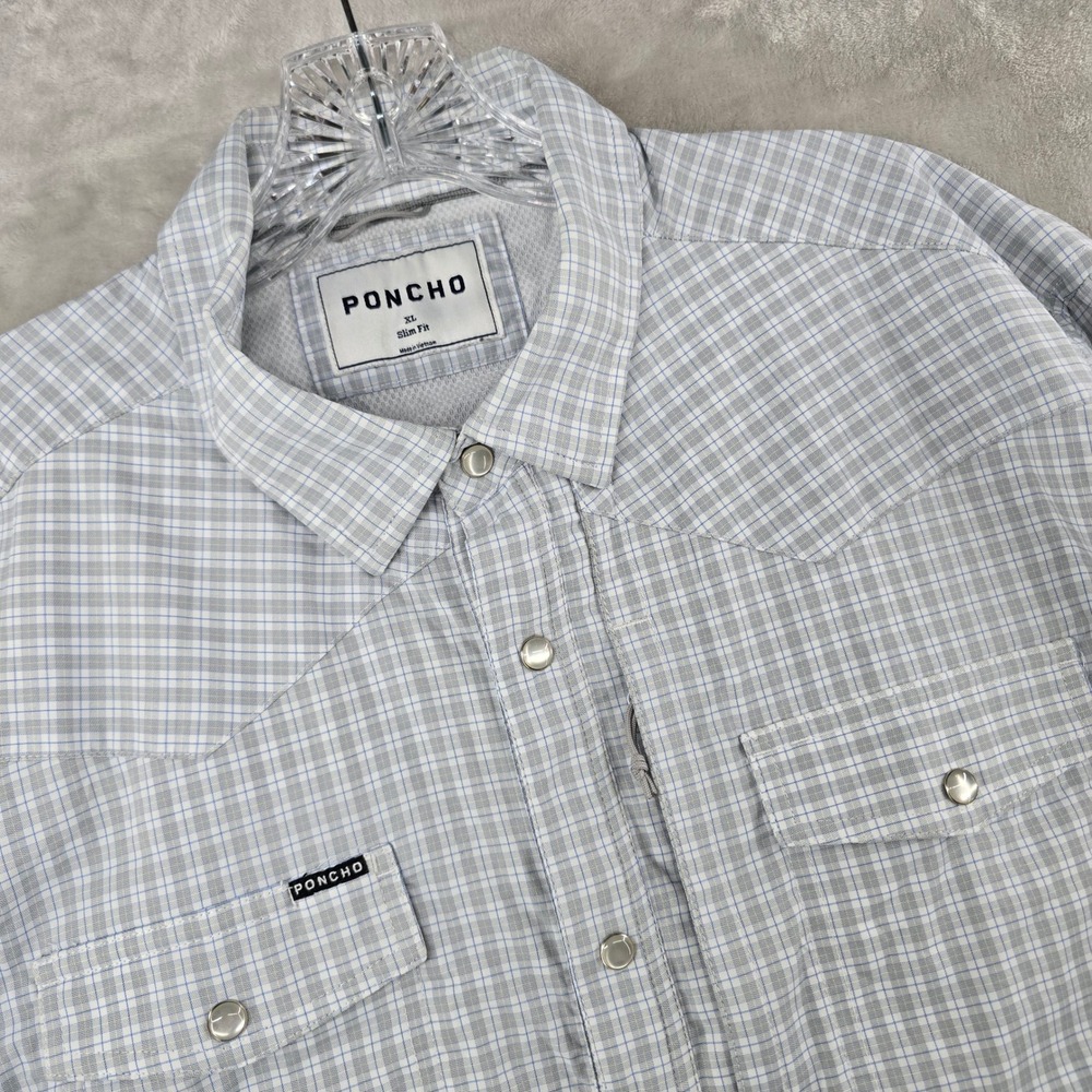 Poncho Western Shirt Mens XL Slim Gray Plaid Pearl Snap Performance Long Sleeve